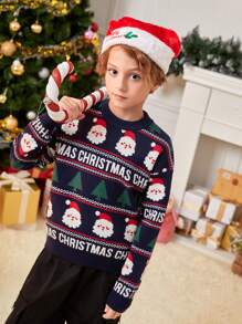SHEIN Chicos 1 pieza Jersey con estampado de letra & Papá Noel de hombros caídos