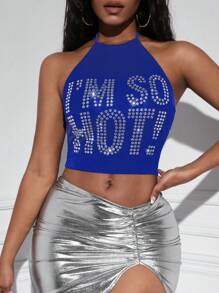 Slaydiva Pha lê Mẫu khẩu hiệu Không lưng Áo Crop Halter - Xanh đậm - Xem 5