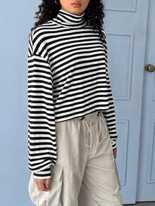 SHEIN EZwear In sọc Cổ giả Áo thun Thả vai - màu đen - Xem 4