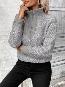 SHEIN LUNE Áo len chui đầu tay dài phối màu tương phản, khóa kéo ¼, vai rớt, thích hợp cho mùa thu đông. - Xám - Xem 3