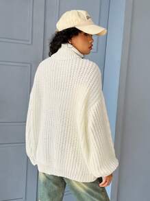 SHEIN EZwear 高領麻花編織落肩袖套頭毛衣 - 米色 - 查看 2