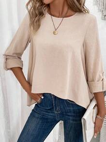 SHEIN LUNE Chất rắn Cuộn lên tay áo Viền không đối xứng Áo sơ mi - Màu Khaki - Xem 4