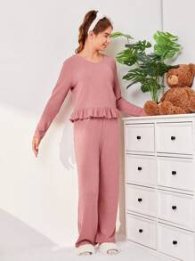 SHEIN 青少年女孩荷葉邊T恤和褲子睡衣套裝 - 粉色 - 查看 3