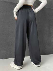 SHEIN EZwear 字母圖案腰部抽繩衛褲 - 灰色 - 查看 2