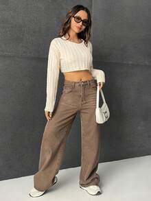 Muchica Cable Knit Drop Shoulder Crop Sweater - Apricot - View 4