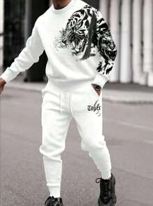 Hombres talla grande Sudadera con letra con estampado de tigre & Pantalones deportivos de cintura con cordón - Blanco - Ver 1