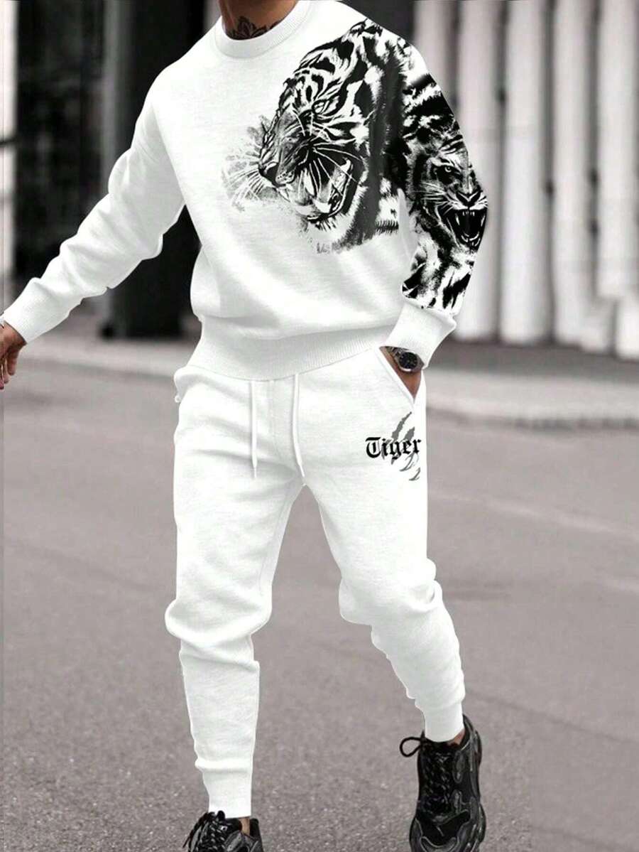 Hombres talla grande Sudadera con letra con estampado de tigre & Pantalones deportivos de cintura con cordón - Blanco - Ver 1