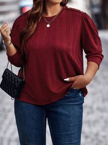 Calvaya Plus Button Detail Puff Sleeve Tee - Burgundy - View 1