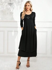 SHEIN Clasi Tim Rhinestone Chi tiết Túi ẩn Đầm - màu đen - Xem 1