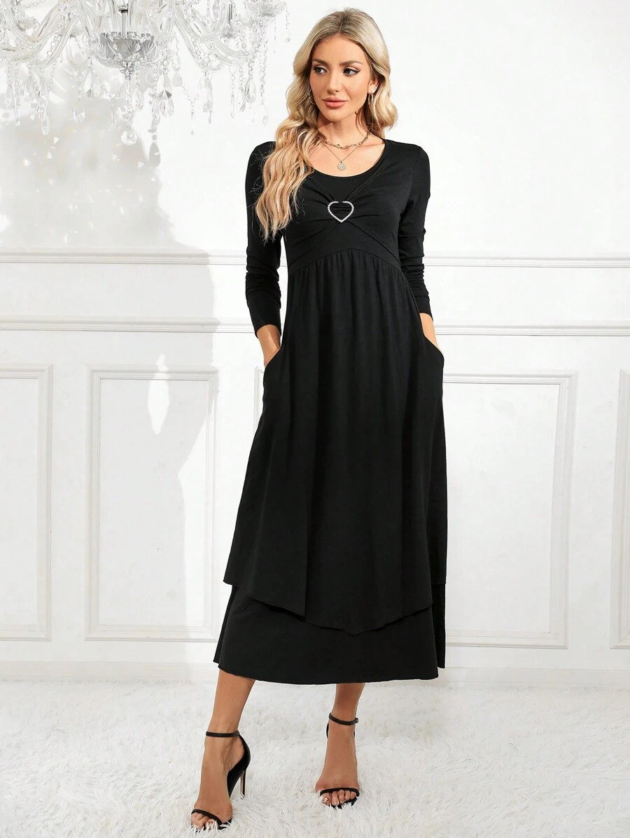 SHEIN Clasi Tim Rhinestone Chi tiết Túi ẩn Đầm - màu đen - Xem 1