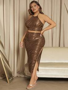 SHEIN SXY Plus Backless Halter Top & Pencil Skirt - Brown - View 3