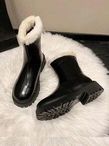 New Arrival Women's Fashionable Casual Solid Color Snow Boots, Black Snow Boots With Back Zipper - Black - View 2