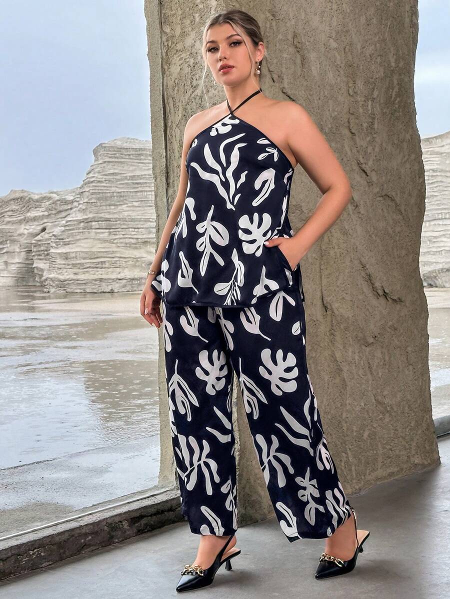 SHEIN Privé 休閒後系帶植物 全身印花大碼兩件套裝