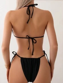 SHEIN Swim Pearls Beaded Halter Triangle Bikini Set - Black - View 2