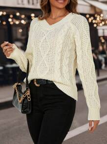 SHEIN LUNE Suéter de punto con mangas raglán y botones en la espalda para otoño e invierno - Beis - Ver 6