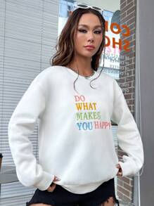 Flirla Slogan Embroidery Drop Shoulder Sweatshirt DO WHAT MAKES YOU HAPPY Graduation,Back To School Outfits,Graduation,Teacher Outfits For Women,Back To School