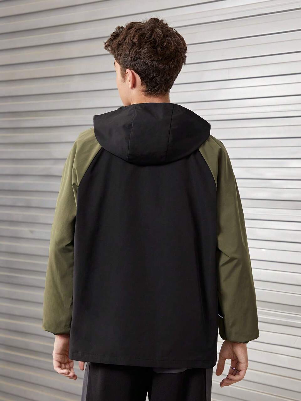 Teen Boy Letter Graphic Colorblock Contrast Piping Raglan Sleeve Half Zip Placket Hooded Coat