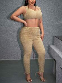 SHEIN SXY Solid Crop Tank Top & Leggings - Khaki - View 3