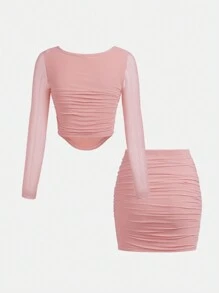 SHEIN Girlism Teen Girl Square Neck Ruched Mesh Top & Skirt