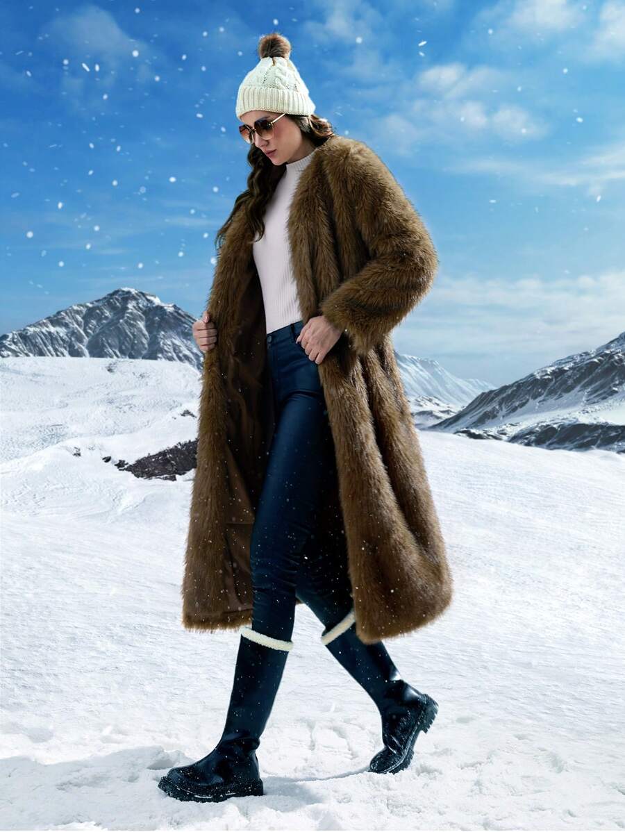 SHEIN LUNE Solid Open Front Longline Fuzzy Coat - Mocha Brown - View 1