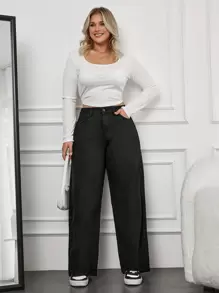 SHEIN Cottnline سراويل جينز عالية الخصر ذات أرجل واسعة المقاس الكبير - الأسود - مشاهدة 3