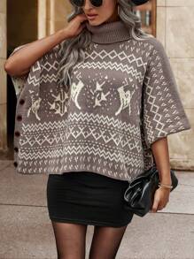 Chiquease Geo Pattern Turtleneck Batwing Sleeve Knit Poncho Knit Pullover Sweater Fall Winter - Mocha Brown - View 6