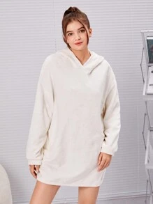 青少年女孩落肩袖3D耳朵設計連帽法蘭絨睡袍 - 白色 - 查看 5