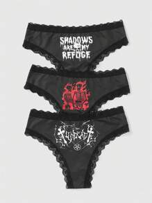 Bat Sada 3pcs Letter Graphic Contrast Lace Trim Mesh Panty Sets - Multicolor - View 1