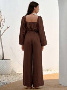 Bohemela 前繫帶燈籠袖闊腿連體褲 - 摩卡棕 - 查看 3