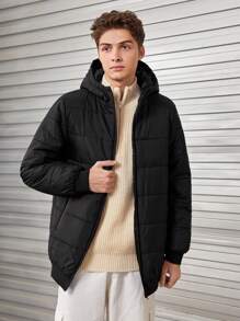 SHEIN Teen Boy Slant Pocket Zip Up Hooded Padded Coat - Black - View 3