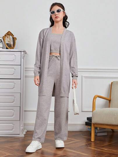 Teen Girl Cami Knit Top & Drop Shoulder Open Front Duster Cardigan & Knit Pants