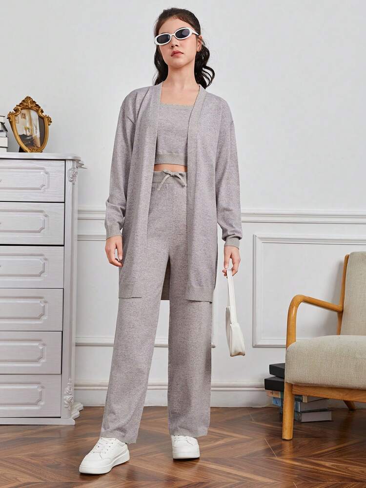 Teen Girl Cami Knit Top & Drop Shoulder Open Front Duster Cardigan & Knit Pants