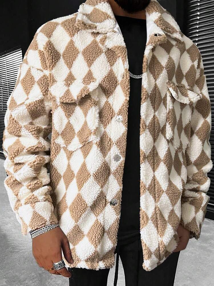 Loose Men's Argyle Pattern Teddy Coat With Flap Pockets