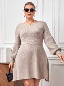 SHEIN Privé Plus Lantern Sleeve Sweater Dress - Khaki - View 6