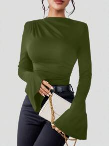 SHEIN Essnce Solid Ruched Flounce Sleeve Tee - Army Green - View 3