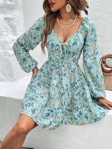 SHEIN VCAY Floral Print Knot Front Lantern Sleeve Ruffle Hem Dress - Green - View 6