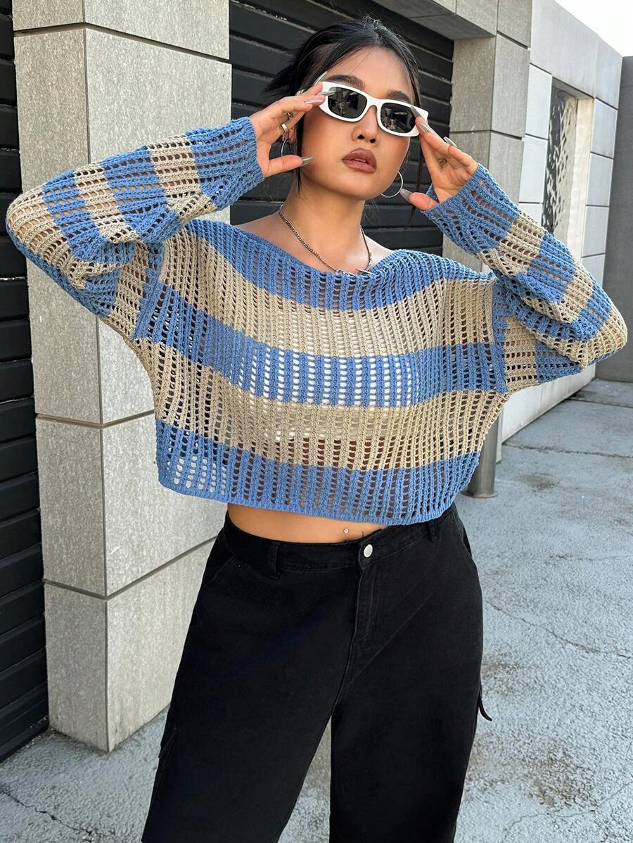 SHEIN EZwear 大碼條紋圖案網眼針織落肩袖套頭毛衣 - 彩色 - 查看 1