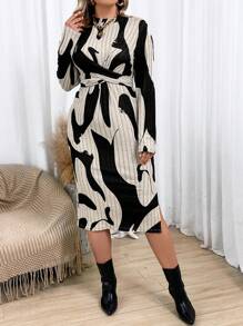 Flirla Große Größe Kleid mit Gürtel, All Over Print