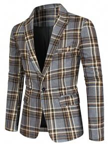 Manfinity Homme Men Plaid Print Lapel Neck Single Button Blazer - Grey - View 1
