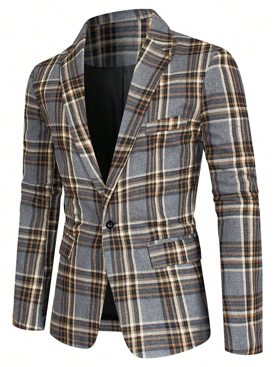 Manfinity Homme Men Plaid Print Lapel Neck Single Button Blazer - Grey - View 1