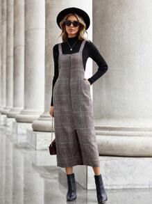 SHEIN LUNE Plaid Print Zip Up Overall Dress Without Tee - Multicolor - View 3