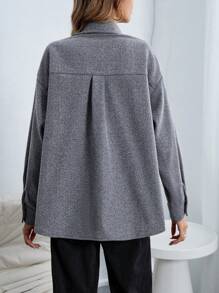 SHEIN Essnce 翻蓋口袋落肩袖花呢外套 - 灰色 - 查看 2