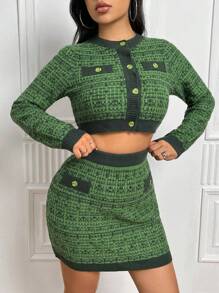 SHEIN Unity Crop Knit Top & Button Front Cardigan & Knit Skirt - Green - View 4