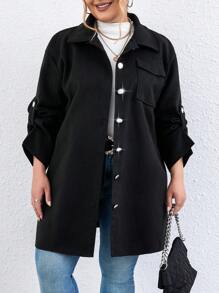 Calvaya Plus Roll Tab Sleeve Flap Pocket Overcoat - Black - View 6