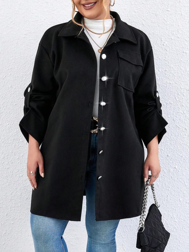 Plus Roll Tab Sleeve Flap Pocket Overcoat