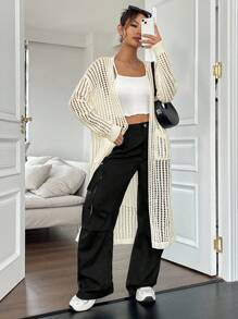 SHEIN Unity Drop Shoulder Open Knit Cardigan - Beige - View 1