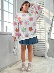 SHEIN EZwear Hơn In hoa Thả vai Áo nỉ - trắng - Xem 2