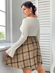 SHEIN EZwear 女性大碼格紋荷葉邊帶洋裝 - 卡其色 - 查看 4