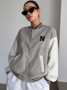 DAZY Letter Graphic Striped Trim Drop Shoulder Two Tone Bomber Jacket - Grey - View 3