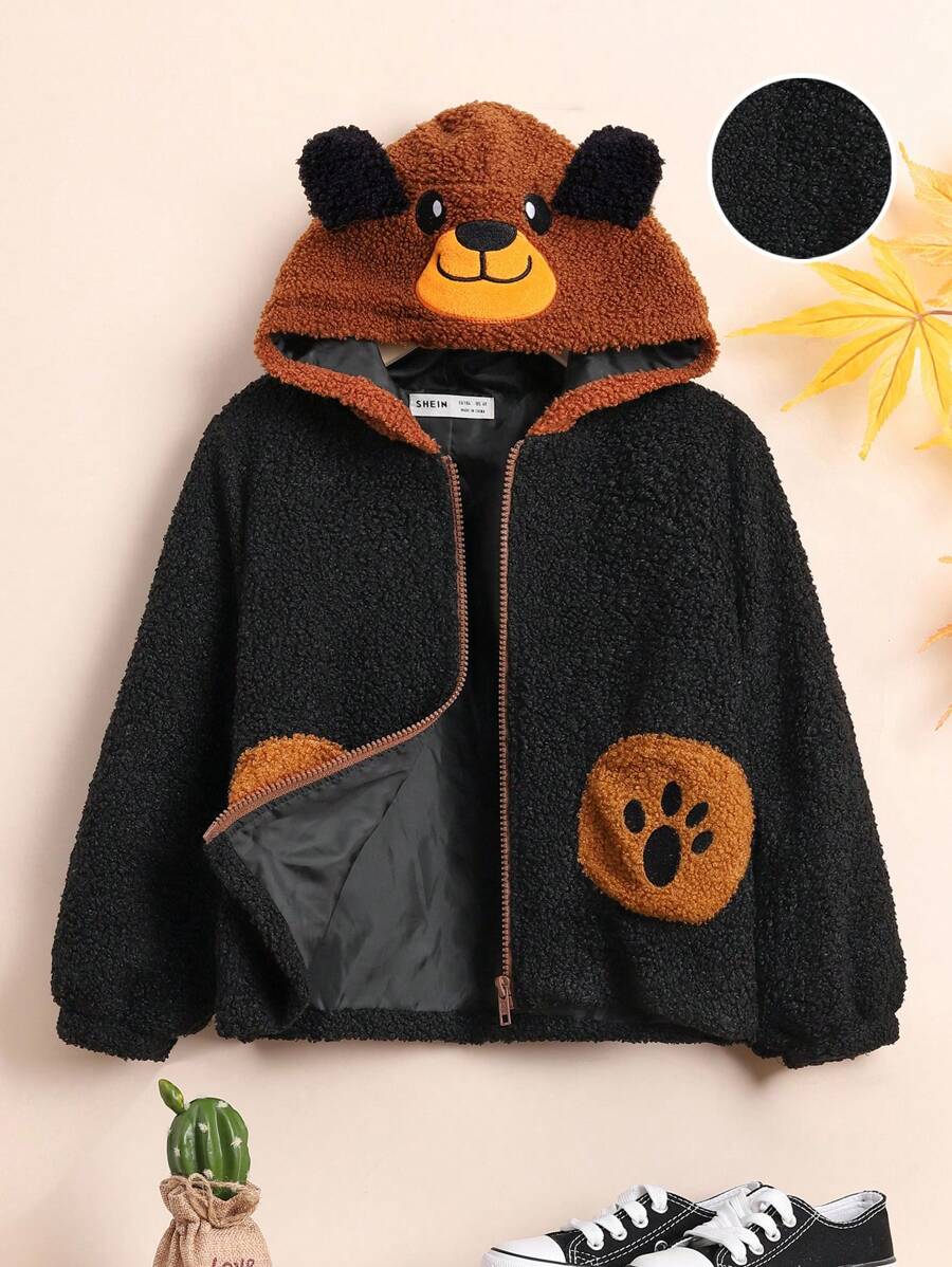 SHEIN Young Boy Cartoon Embroidery 3D Ear Design Hooded Teddy Jacket,In Fall/Winter - Brown - View 1
